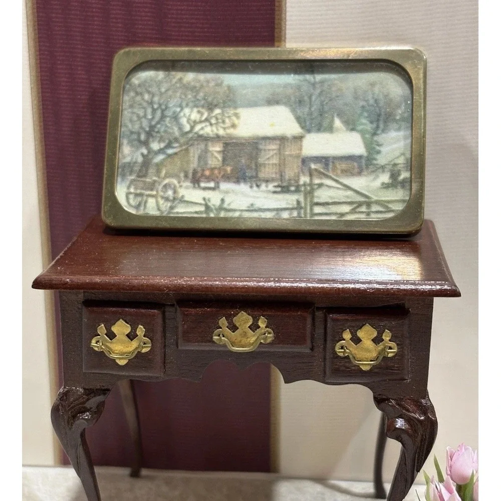 Vintage 1:12 Dollhouse Miniature Winter Farmstead Art Brass Glass Frame Handmade